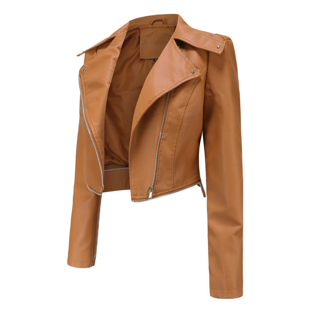 Camel Removable Hem Leather PU Leather Jacket TQK280125-58