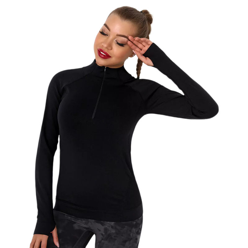 Black Quick Dry Zipper Knit Tight Yoga Tops TQE91363-2