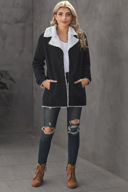 Black Lapel Collar Button Fleece Jacket LC8511336-2