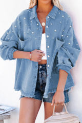 Sky Blue Beaded Oversized Pocketed Distressed Denim Jacket LC854283-4