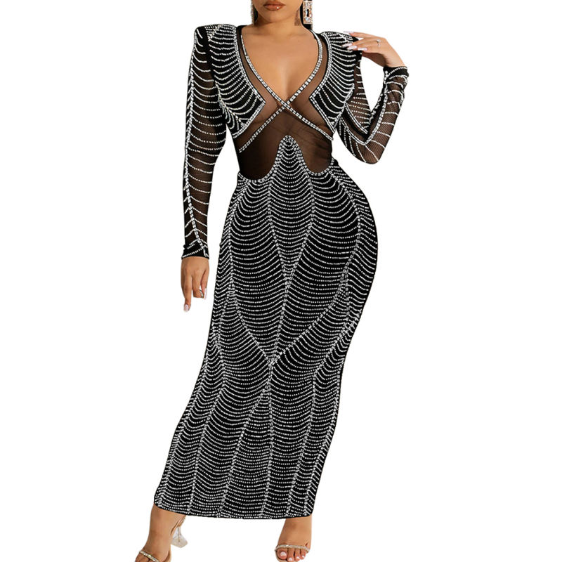 Black Padded Shoulder V Neck Rhinestones Mesh Maxi Dress TQK311225-2