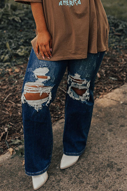 Blue High Waist Distressed Plus Size Jeans PL787066-5