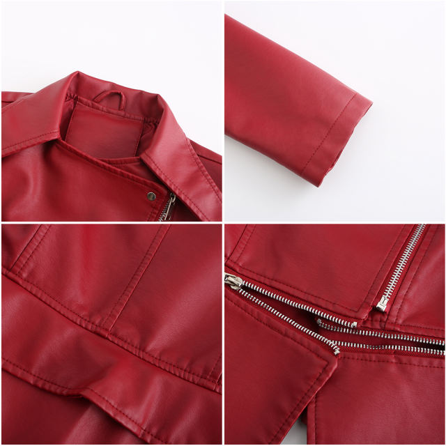 Wine Red Removable Hem Leather PU Leather Jacket TQK280125-23