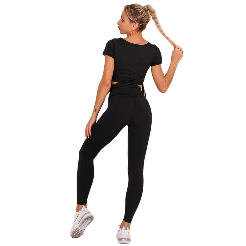 Black Sides Drawstring Short Sleeve Yoga Pant Set TQK710243-2