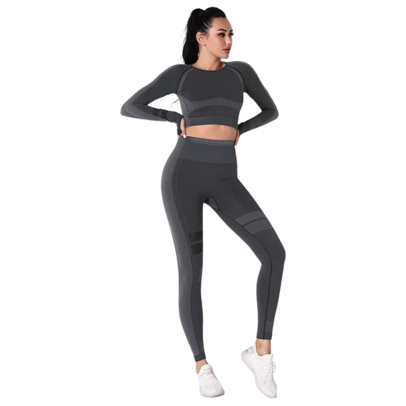 Black Seamless Knit Long Sleeve Pant Yoga Set TQE91372-2
