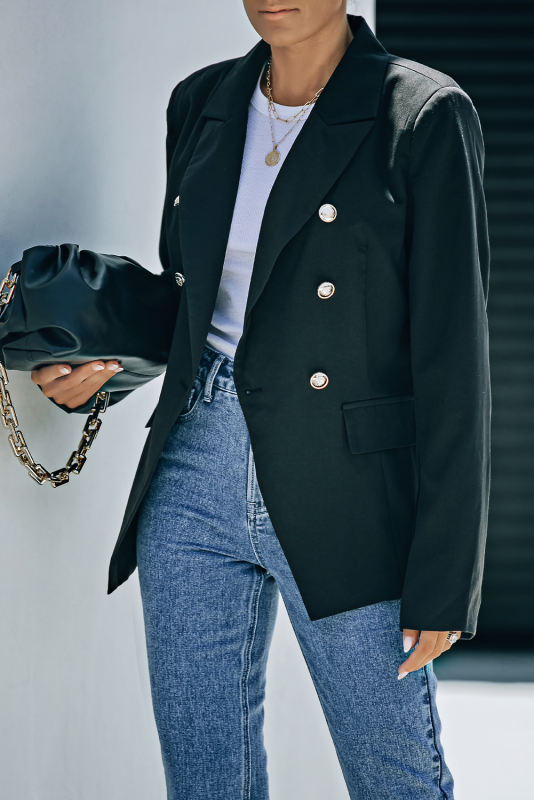 Black Double Breasted Lapel Collar Pocketed Blazer LC852396-2