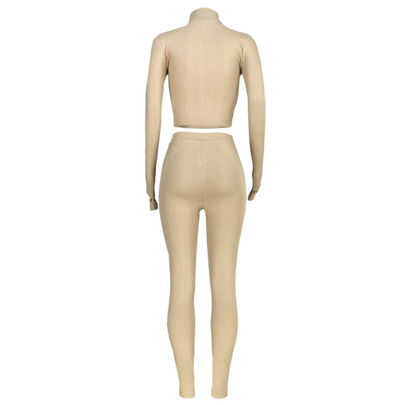 Khaki Cotton Blend Zipper Datail Long Sleeve Top with Pant Set TQK710132-21