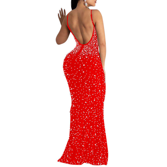 Red Rhinestone Open Back Mermaid Maxi Dress TQK311126-3