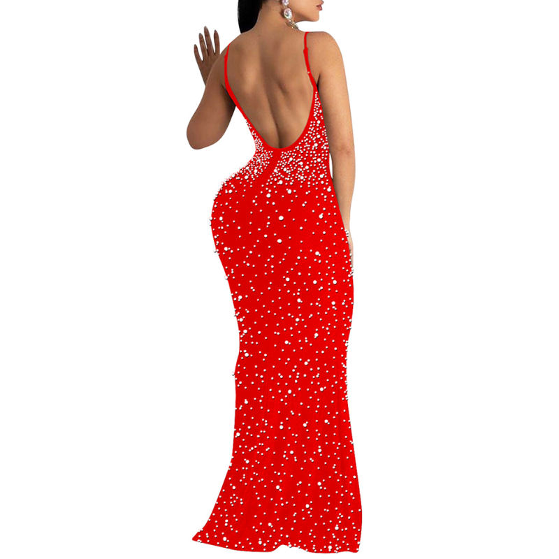 Red Rhinestone Open Back Mermaid Maxi Dress TQK311126-3