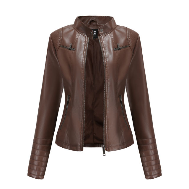 Coffee Zipper Pockets Long Sleeve PU Leather Jacket TQK280093-15