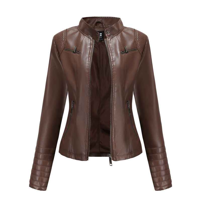 Coffee Zipper Pockets Long Sleeve PU Leather Jacket TQK280093-15