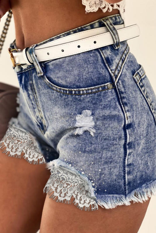 Lace Rhinestone Decor Frayed Hem Denim Shorts LC781175-4