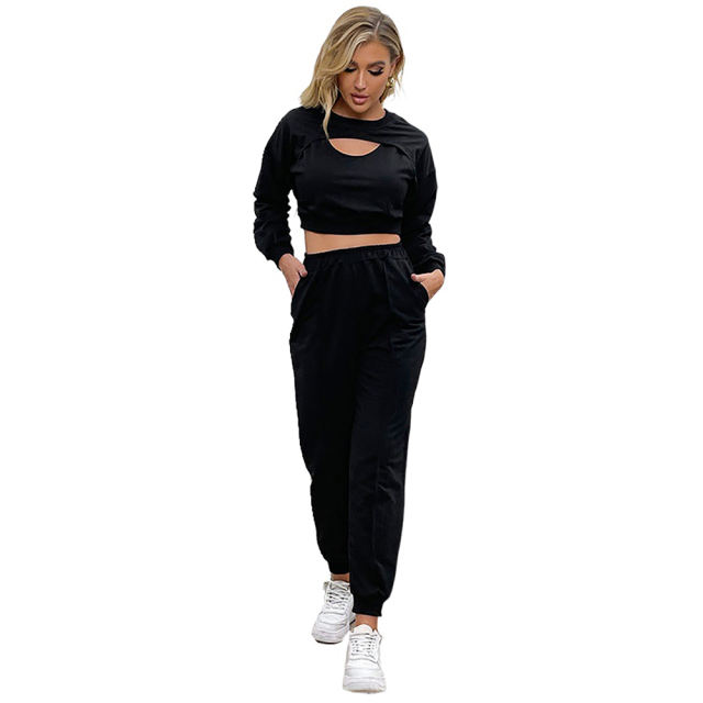 Black Hollow Out Long Sleeve Crop Top with Pant Set TQF711003-2
