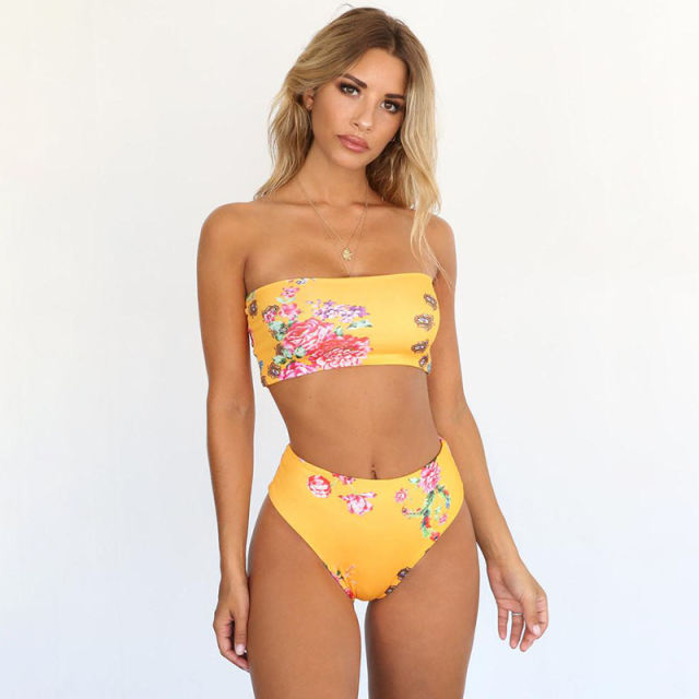 Yellow Flower Print Off Shoulder Bikini Swimswear
