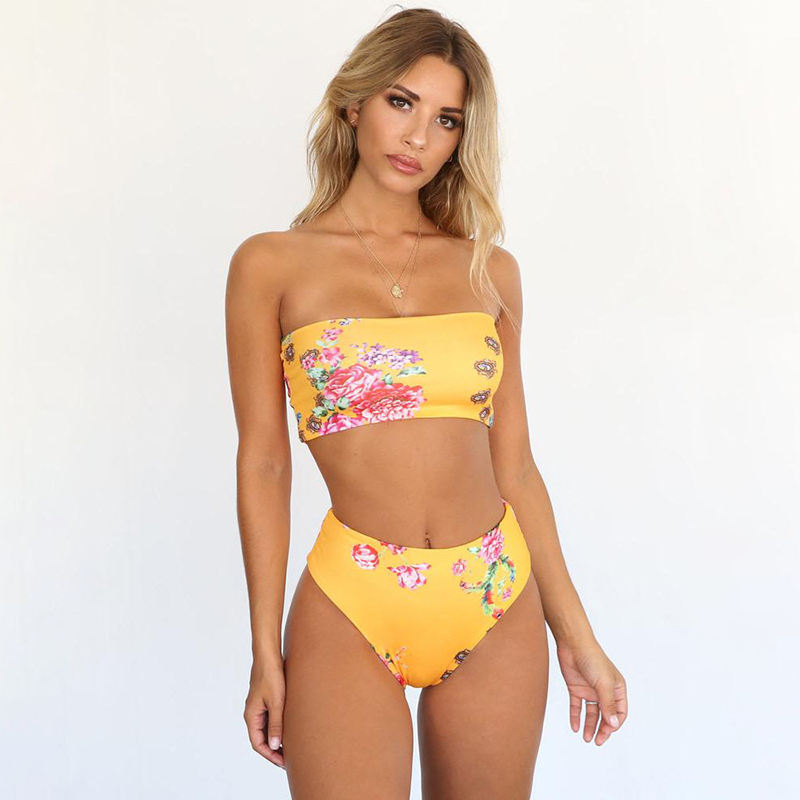 Yellow Flower Print Off Shoulder Bikini Swimswear