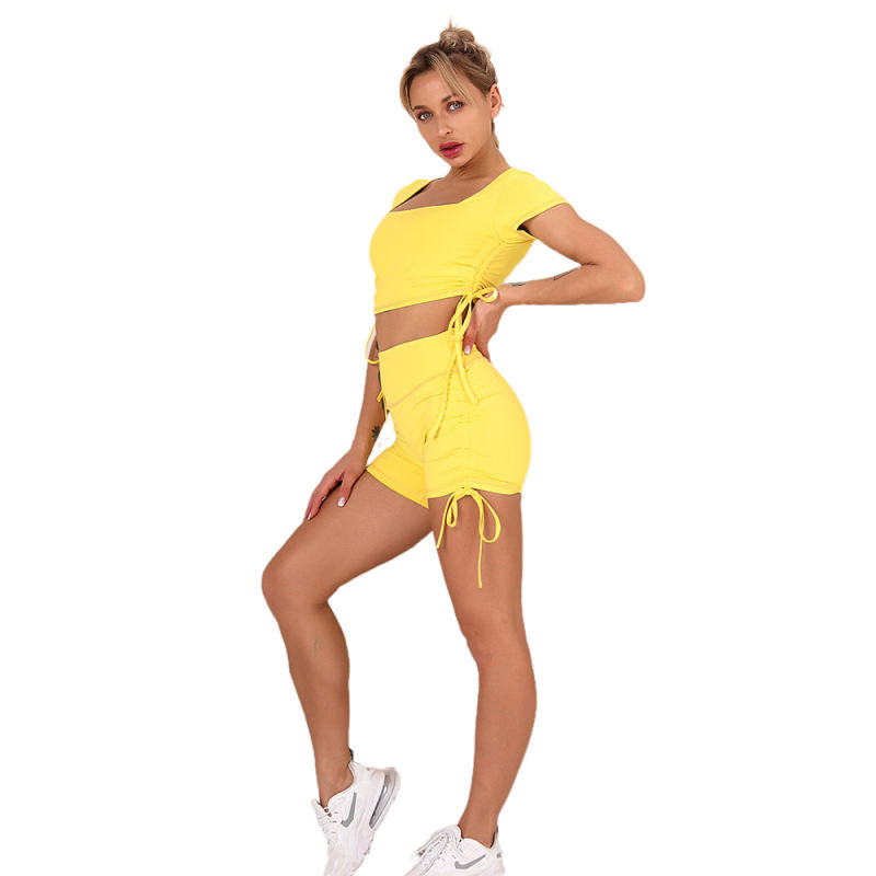 Yellow Sides Drawstring Short Sleeve Yoga Short Set TQK710241-7