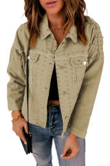 Khaki Frayed Trim Rivet Denim Jacket LC788104-16