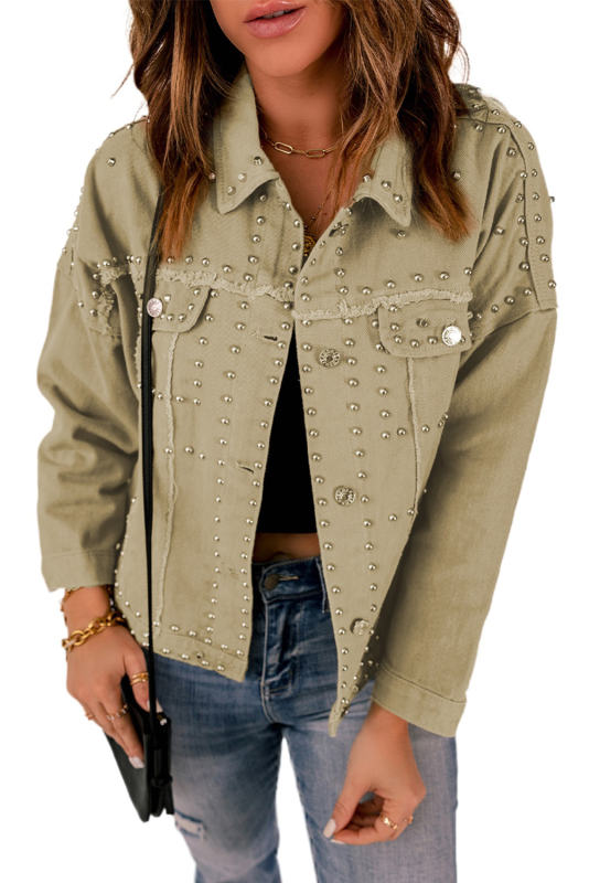 Khaki Frayed Trim Rivet Denim Jacket LC788104-16