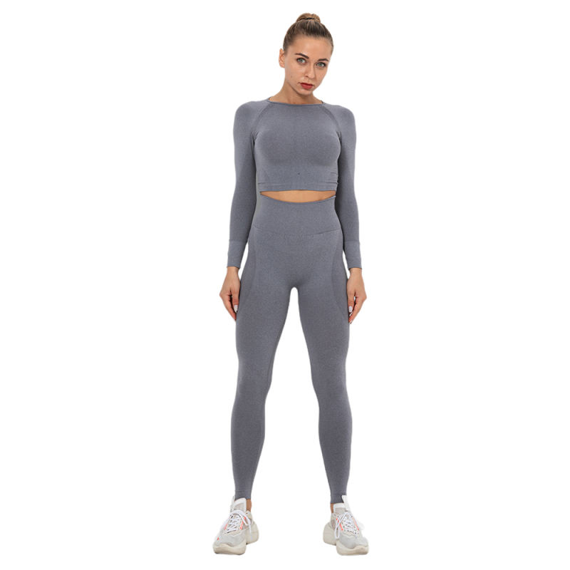 Gray Seamless Long Sleeve Yoga Sports Set TQE00135-11