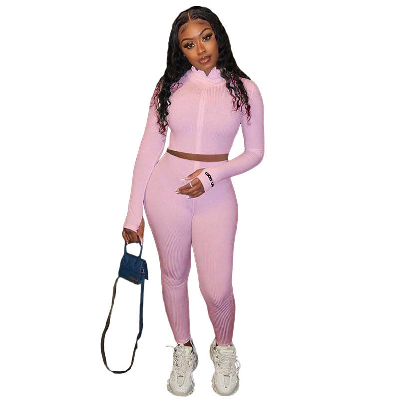 Light Pink Cotton Blend Zipper Datail Long Sleeve Top with Pant Set TQK710132-39