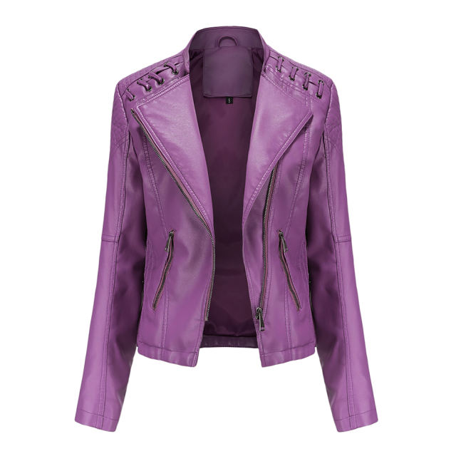 Purple Zipper Slim Fit Motorcycle PU Leather Jacket TQK280090-8