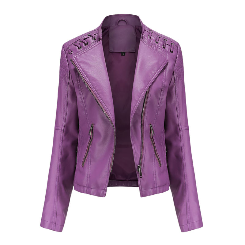Purple Zipper Slim Fit Motorcycle PU Leather Jacket TQK280090-8