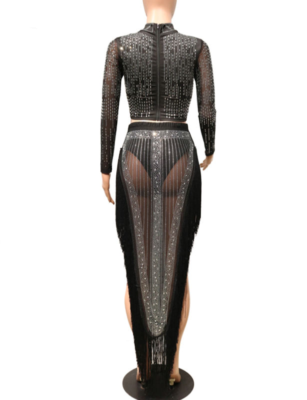 Gold Rhinestone Long Sleeve Crop Tops and Tassels Skirt Set TQV810016-12