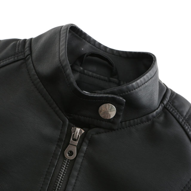 Black Slim Fit Stand Collar PU Motorcycle Jacket TQK280091-2