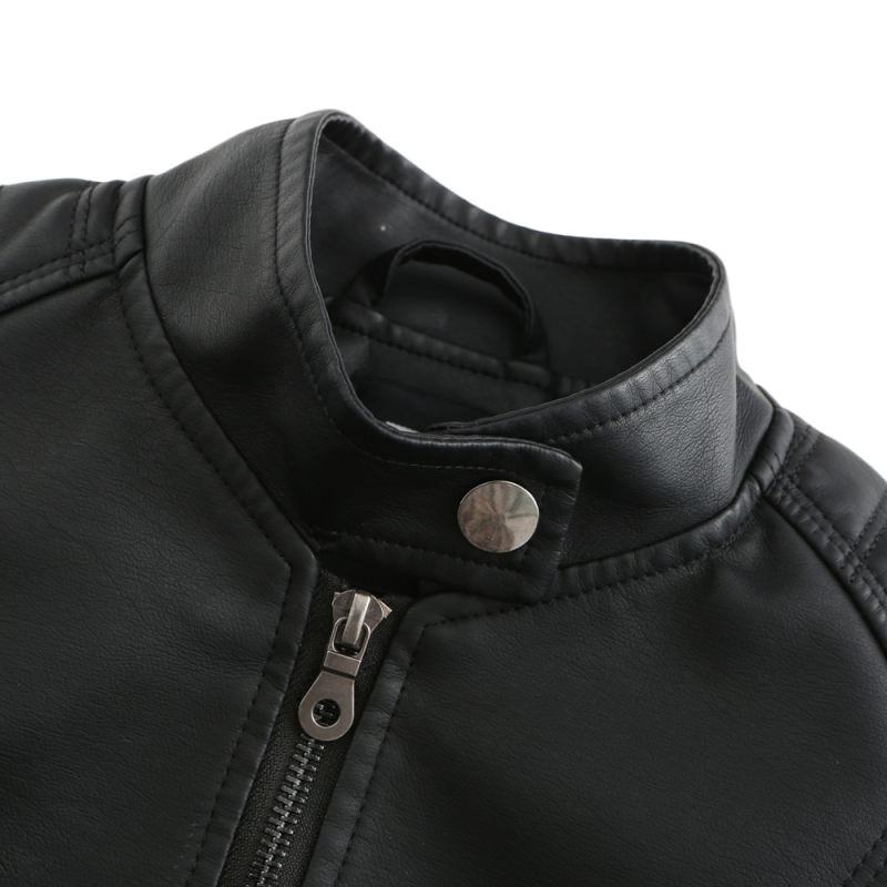 Black Slim Fit Stand Collar PU Motorcycle Jacket TQK280091-2