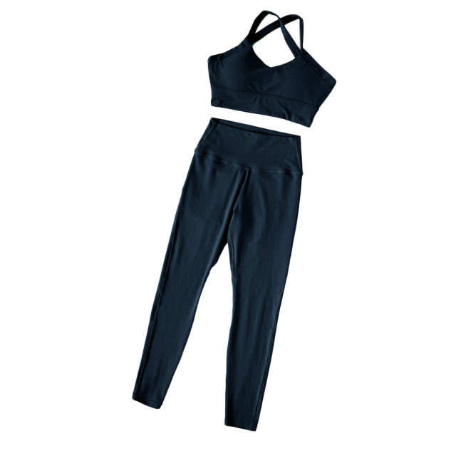 Black Cross Shoulder Bra with Pant Yoga Set TQE91344-2