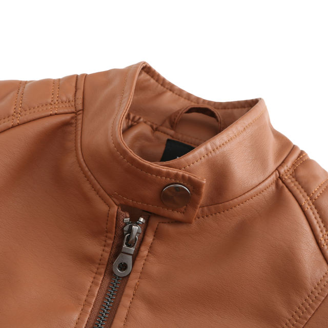 Camel Slim Fit Stand Collar PU Motorcycle Jacket TQK280091-58