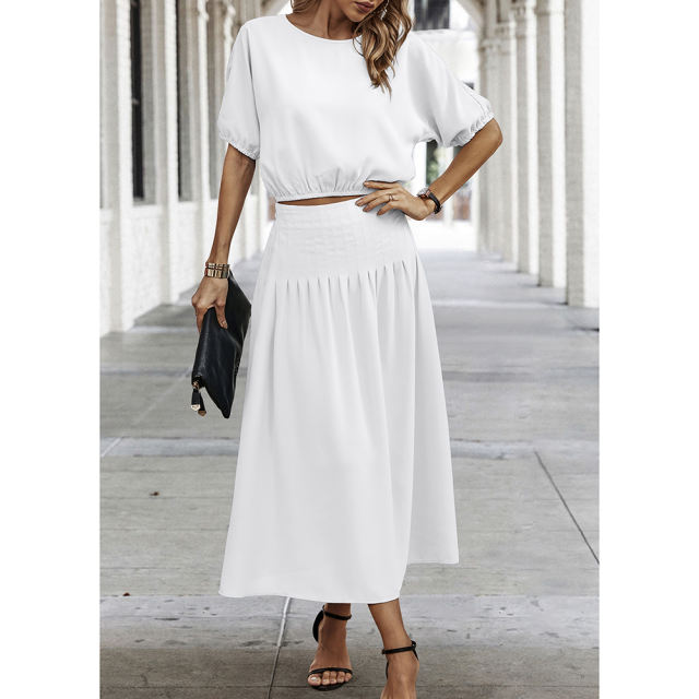 White Pleated Crop Top with Skirt Set TQX711094-1