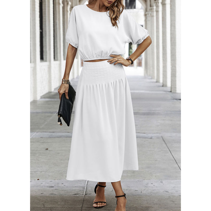 White Pleated Crop Top with Skirt Set TQX711094-1