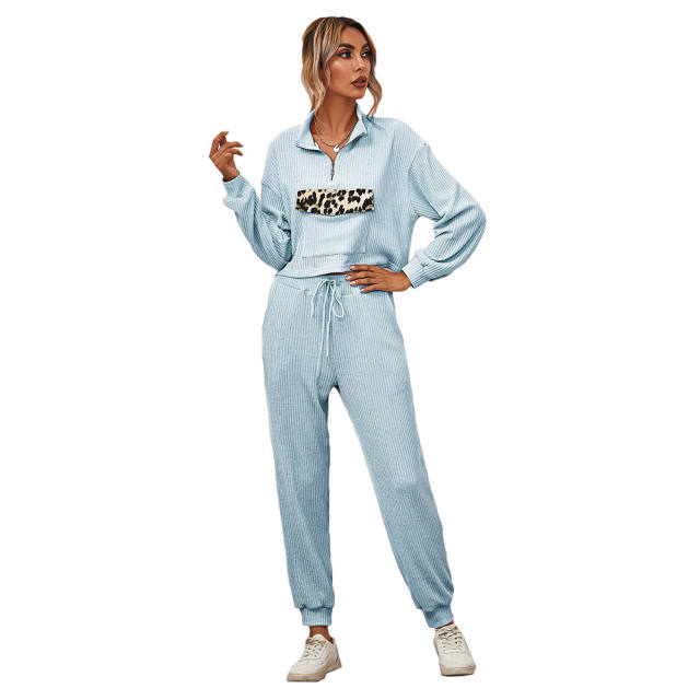 Light Blue Zipper Up Leopard Detail Sweatshirt with Pant Set TQK710222-30