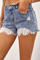 Lace Rhinestone Decor Frayed Hem Denim Shorts LC781175-4