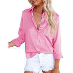 Pink V Neck Satin Pocketed  Long Sleeve Shirt TQX221065-10