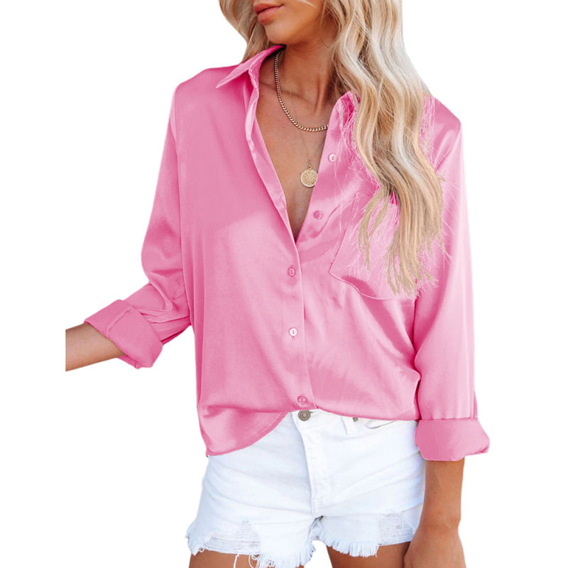 Pink V Neck Satin Pocketed  Long Sleeve Shirt TQX221065-10