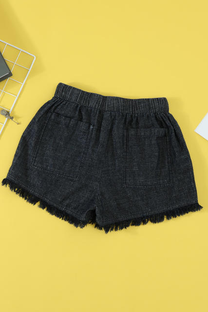 Black Casual Pocketed Frayed Denim Shorts LC77959-2