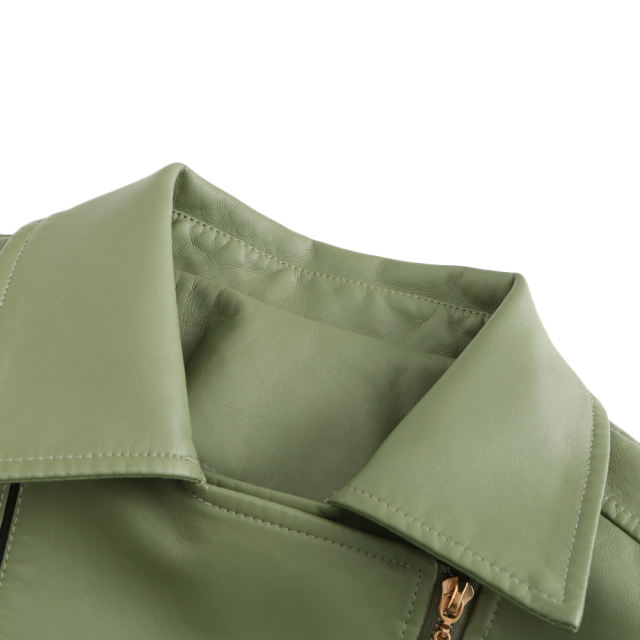 Light Green Turn Down Slim Fit PU Leather Jacket TQK280095-28