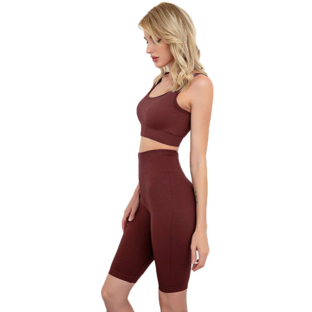 Brown Seamless Knit Yoga Bra with Shorts Set TQK710237-17