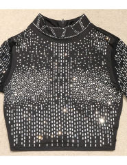 Black Rhinestone Long Sleeve Crop Tops and Tassels Skirt Set TQV810016-2