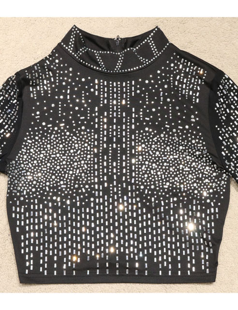 Black Rhinestone Long Sleeve Crop Tops and Tassels Skirt Set TQV810016-2