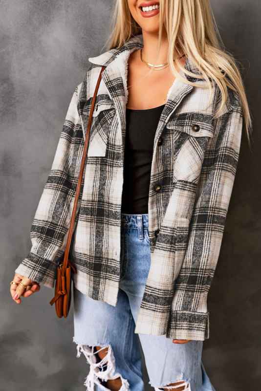 Black Vintage Plaid Fleece Lining Jacket LC854187-2