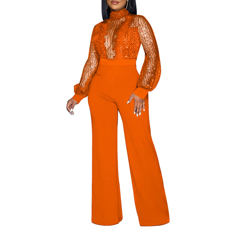 Orange Back Lace-up Long Sleeve Sequin Jumpsuit TQK550346-14