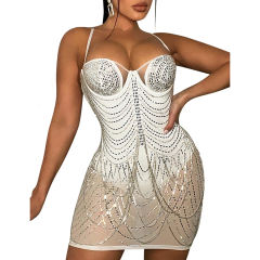 White Padded Rhinestone Studded Mesh Sling Bodycon Dress TQK311158-1