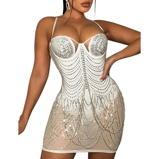 White Padded Rhinestone Studded Mesh Sling Bodycon Dress TQK311158-1