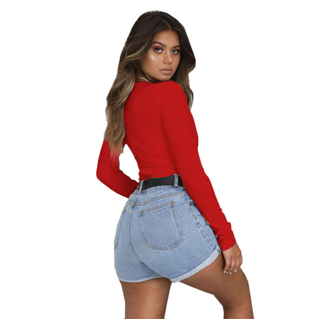 Red Deep V Long Sleeve Bodysuit TQK550156-3