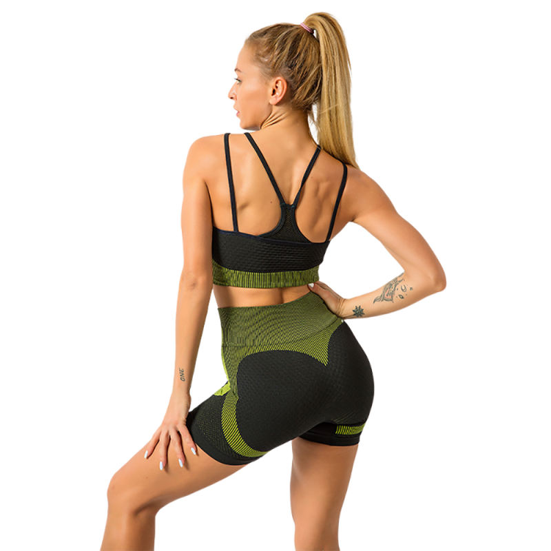 Army Green Splice Black Sports Bra With Shorts Set TQK710234-27