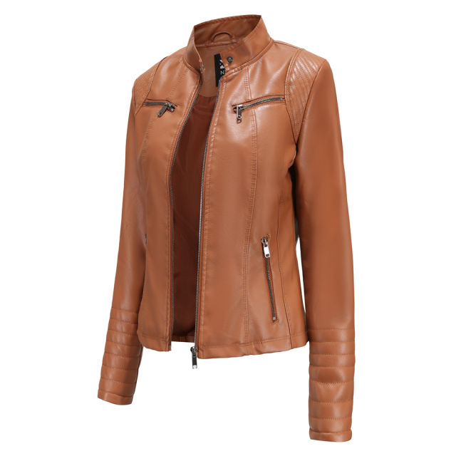 Camel Zipper Pockets Long Sleeve PU Leather Jacket TQK280093-58