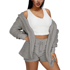 Gray Plush Hoodie with Shorts and White Vest 3pcs Set TQK710393-11